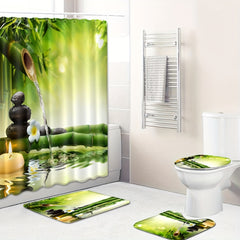 Chinese Style Shower Curtain with Hooks, Bamboo & Stone Pattern, Bathroom Decor
