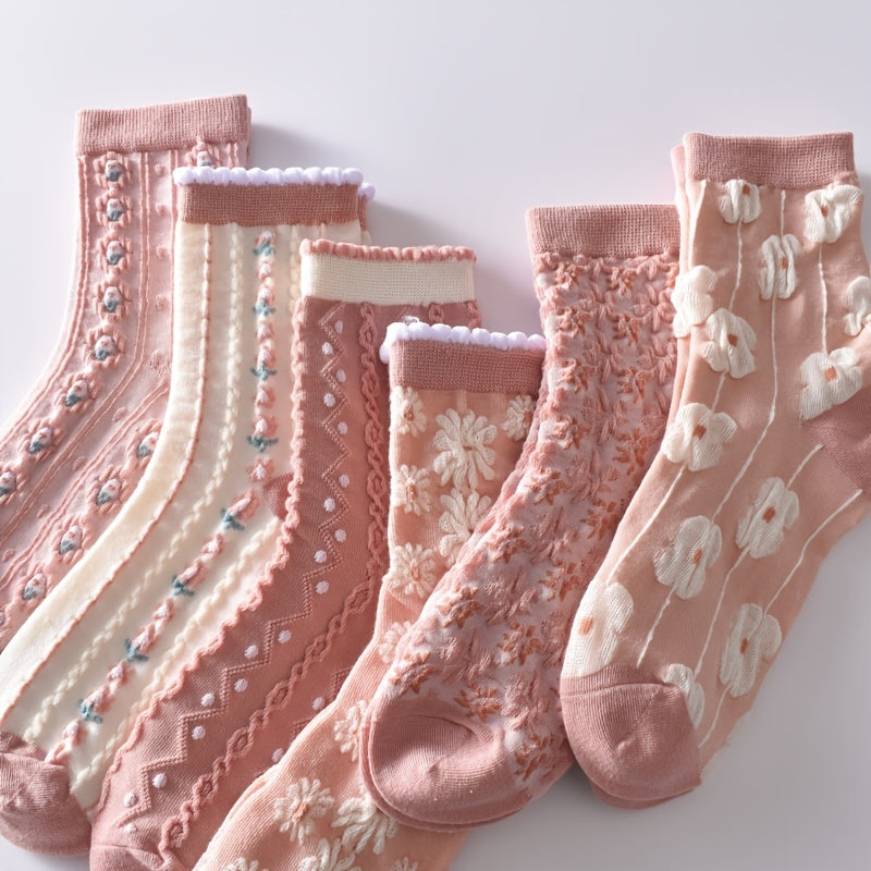 6 Pairs Flower Bubble Cable Crew Socks Lightweight & Comfy Mid tube Socks
