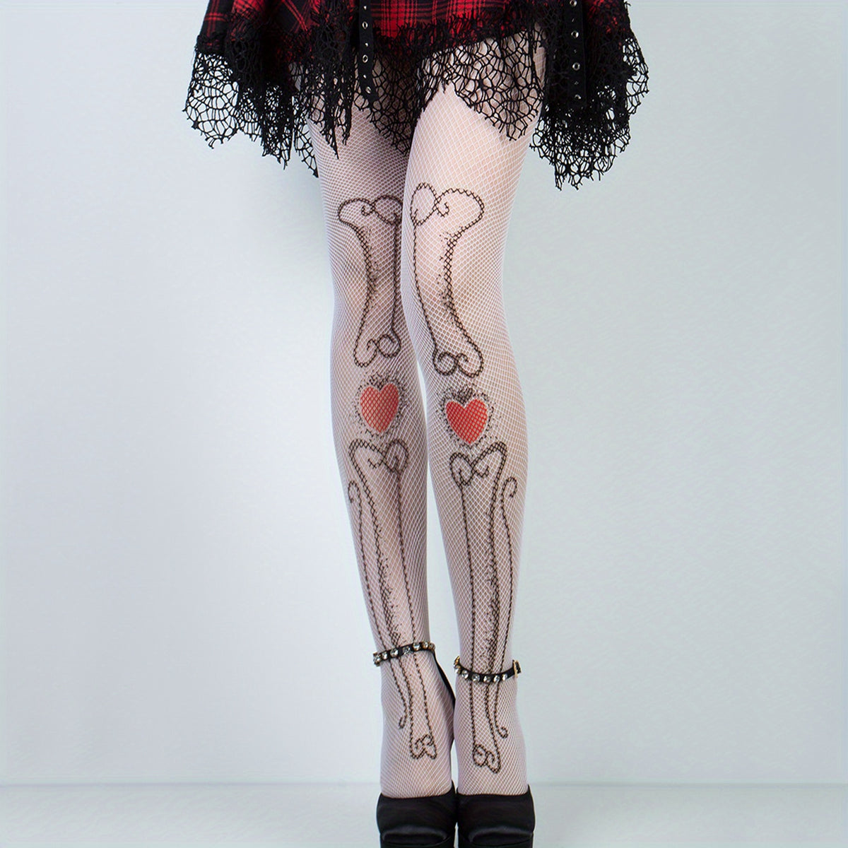 High Waist Skull & Heart Pattern Mesh Tights Fishnet Pantyhose