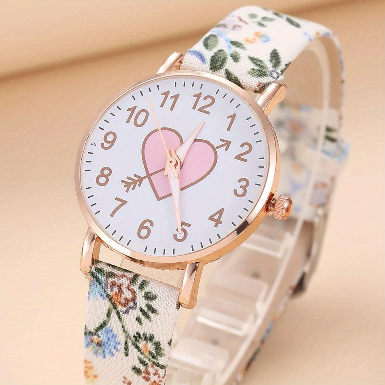 Flower Pattern PU Watch & Heart Ornament for Daily Use