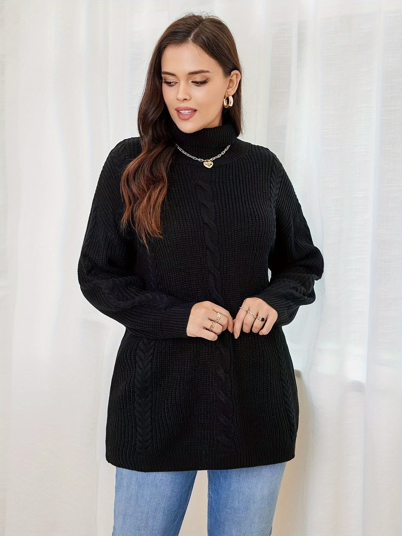  Solid Cable Long Sleeve Turtle Neck Sweater