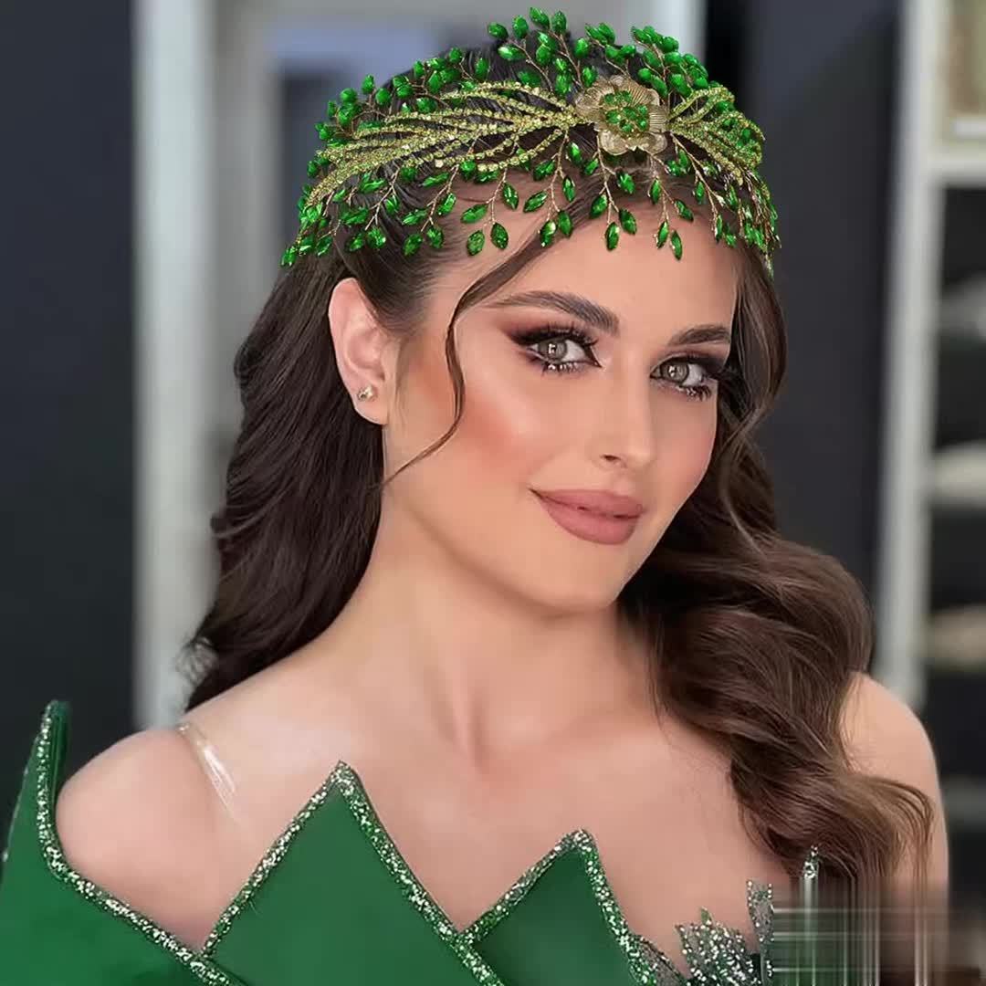 Green Rhinestone Flower Headband for Women