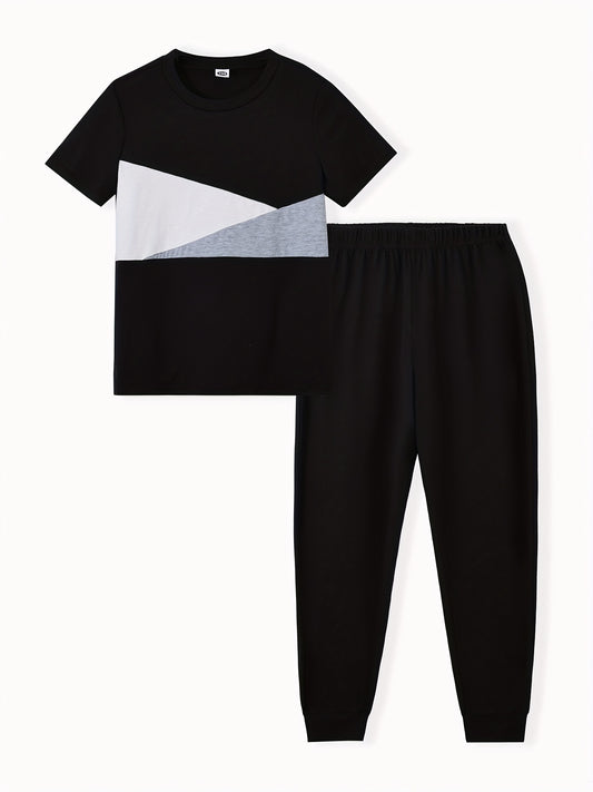 Boy's 2pcs Block Stitching T shirt & Sweatpants Set