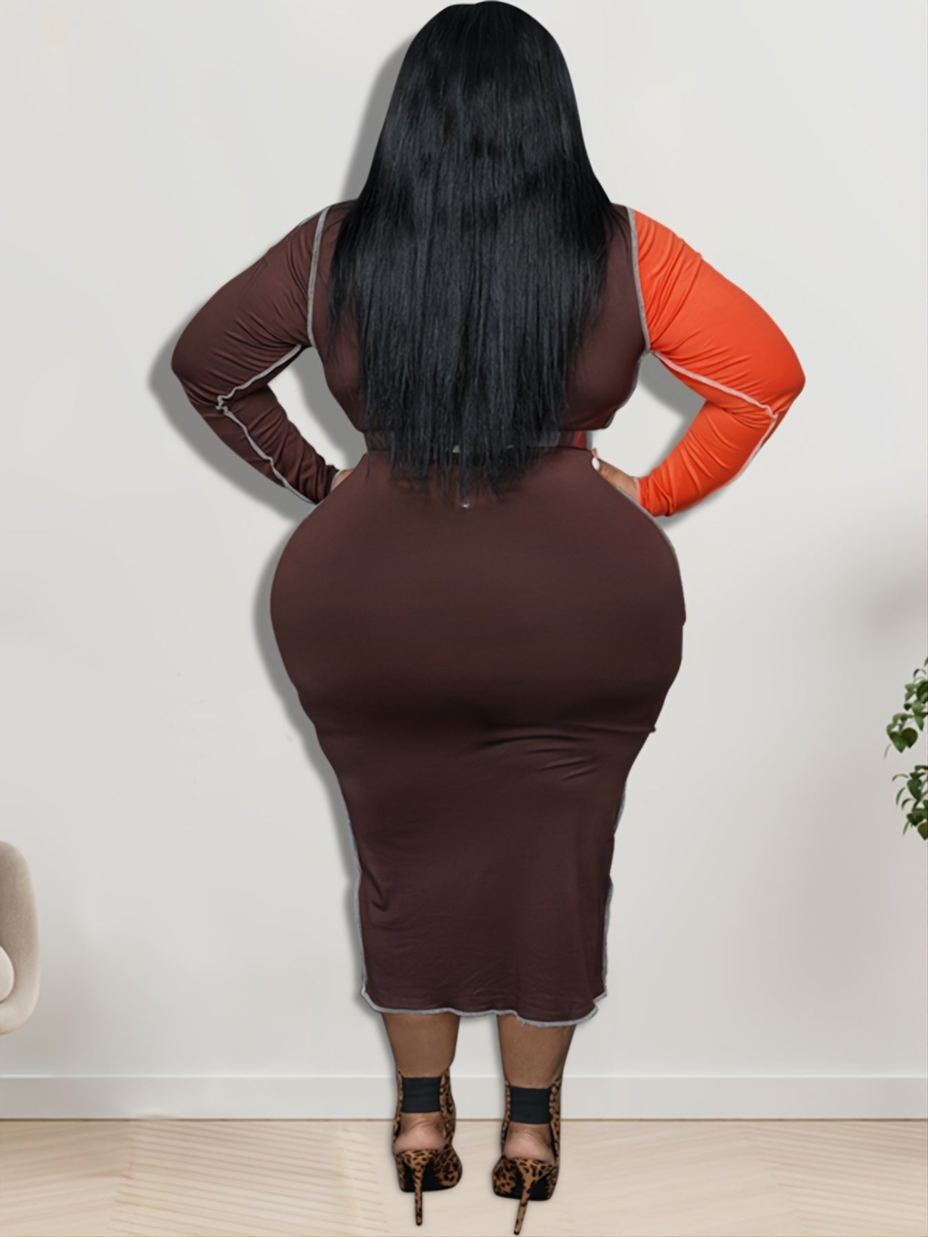 Colorblock Leopard Print Long Sleeve Cami Dress Plus Size Women's Dress