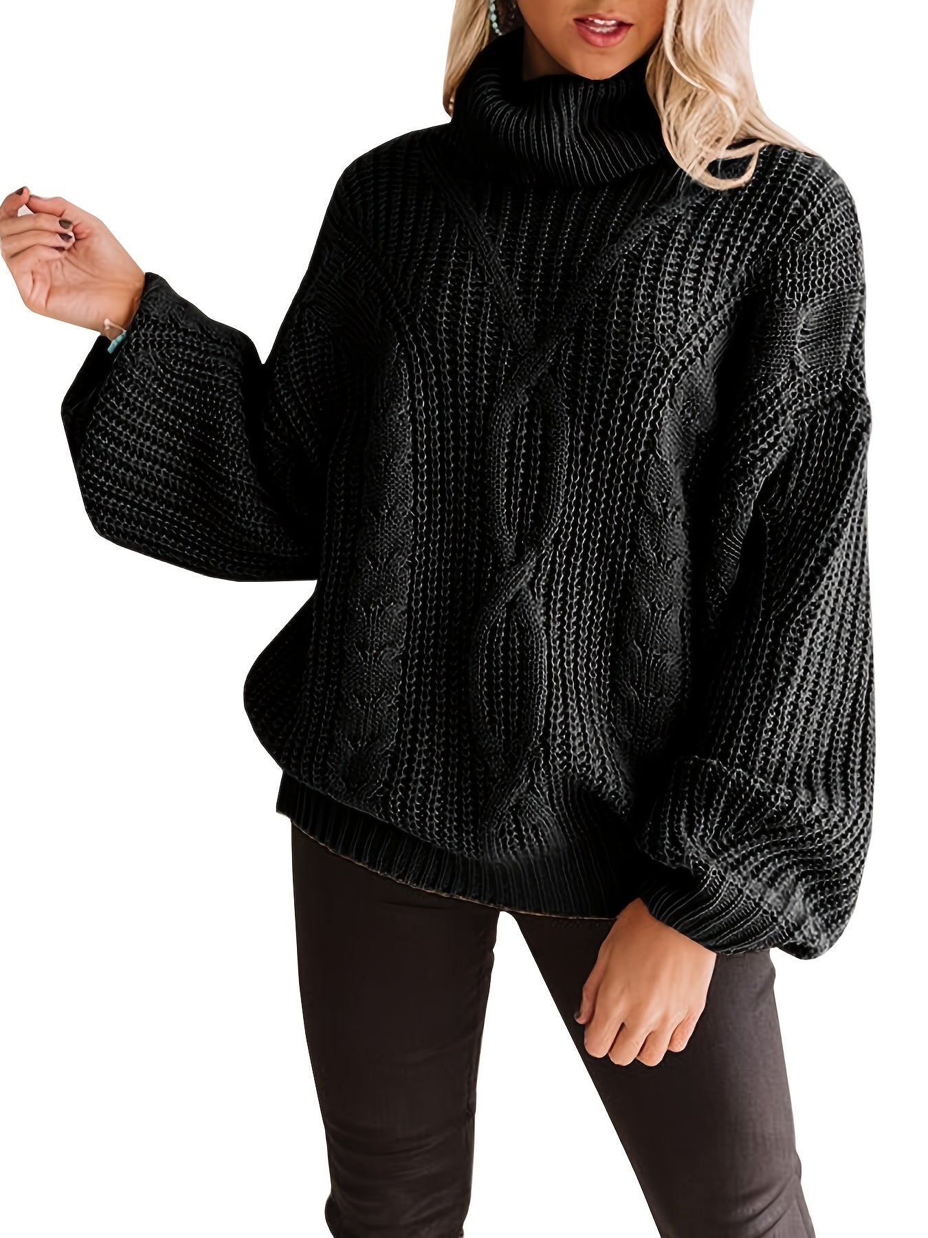  Casual Solid Lantern Sleeve Pullover Sweater