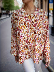  Casual Blouse Women's Plus Allover Print Long Sleeve V Neck Shirt Top