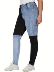  Patchwork Button Fly Slim Fit Denim Pants