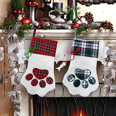 Plaid Dog Paws Christmas Socks Gift Bag