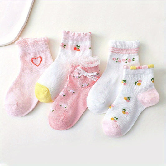 5 Pairs Girls Heart Floral Socks for Spring and Summer