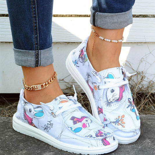 Women's Cartoon Rabbit Boat Shoes Lace Up Canvas Lightweight Walking Shoes