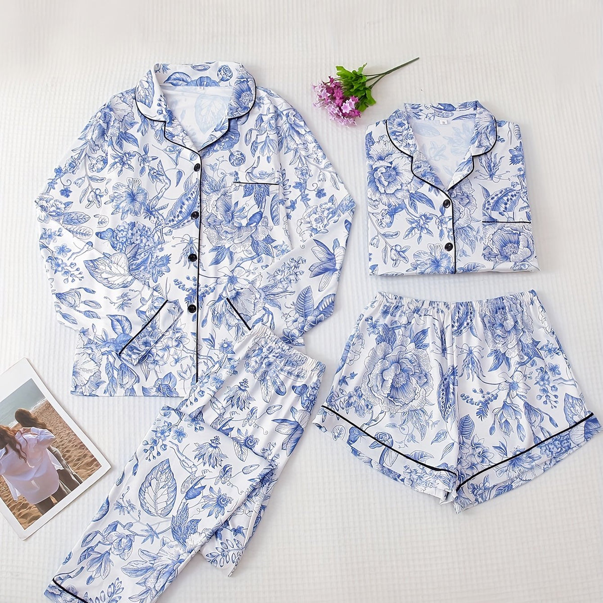 Floral Print Pajama Set Short Sleeve Top & Long Sleeve Buttons Top & Shorts