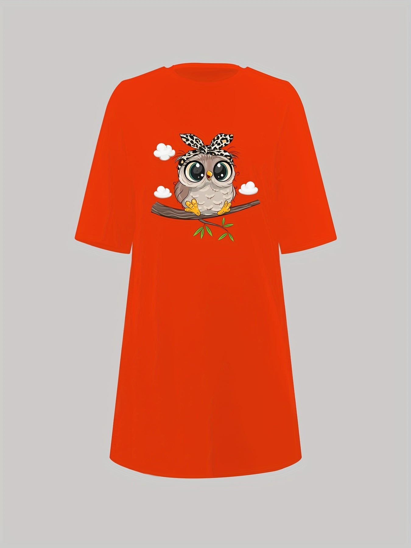  Owl Print Nightdress Short Sleeve Sleep Dress