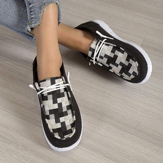 Women's Checkered Flat Loafers Lace Up Walking Shoes