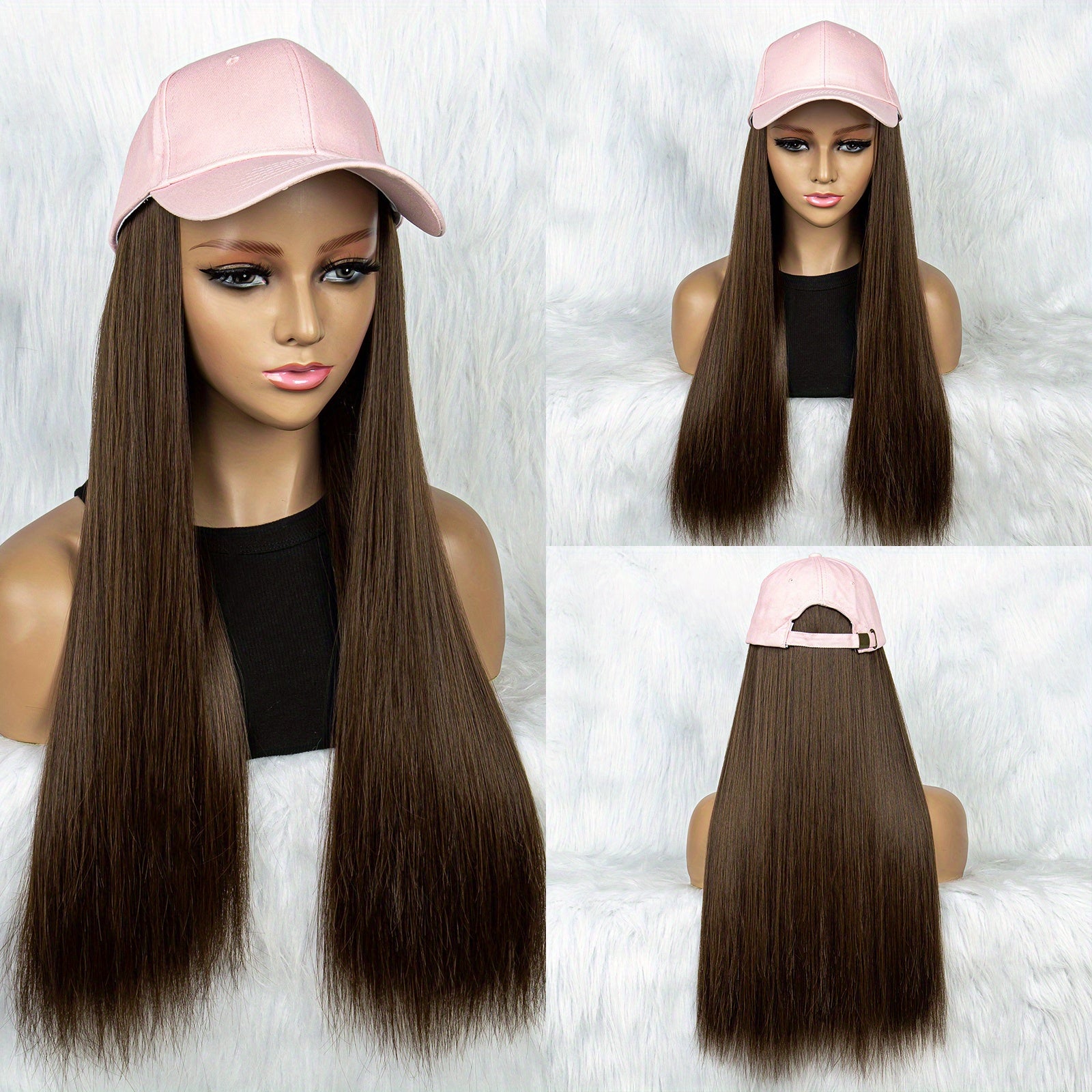 Long Synthetic Hair Wigs With Hats for Women - Pink Baseball Cap Wigs 55 88 Cm