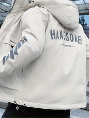 Men's Big Pocket Hooded Jacket Solid Zip Up Cotton Padded Jacket For Fall Winter