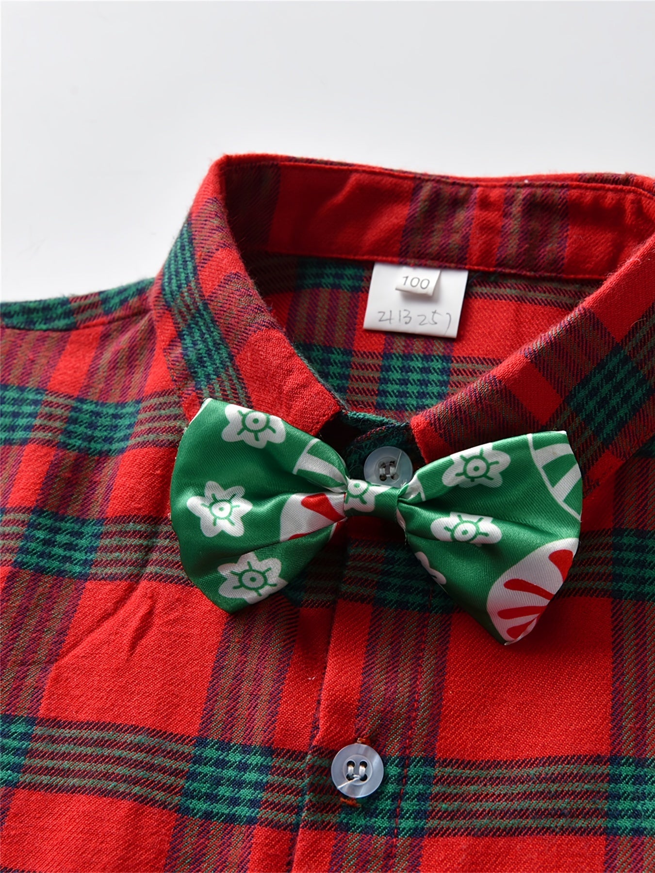 Boys Red Plaid Gentleman Shirt Long Sleeve Lapel Button Bowtie