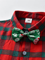 Boys Red Plaid Gentleman Shirt Long Sleeve Lapel Button Bowtie