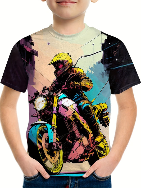 Motorcycle Rider Graffiti Print Tee Boys Short Sleeve T-shirt