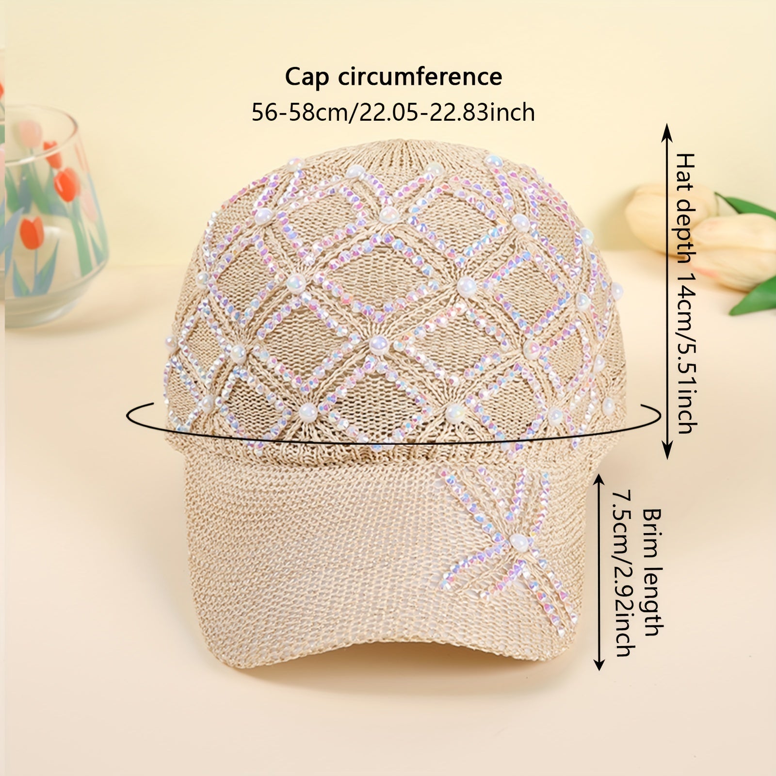 Beige Knit Baseball Cap with Faux Pearl Rhinestone Decor