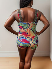  Colorblock Metal Tape V Neck One Piece Swimsuit