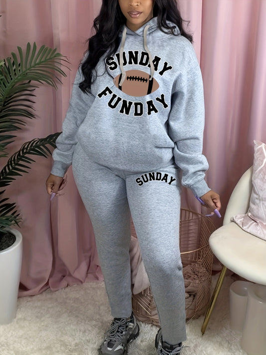  Rugby & Letter Print Hoodie & Sweatpants Outfits Two Piece Set