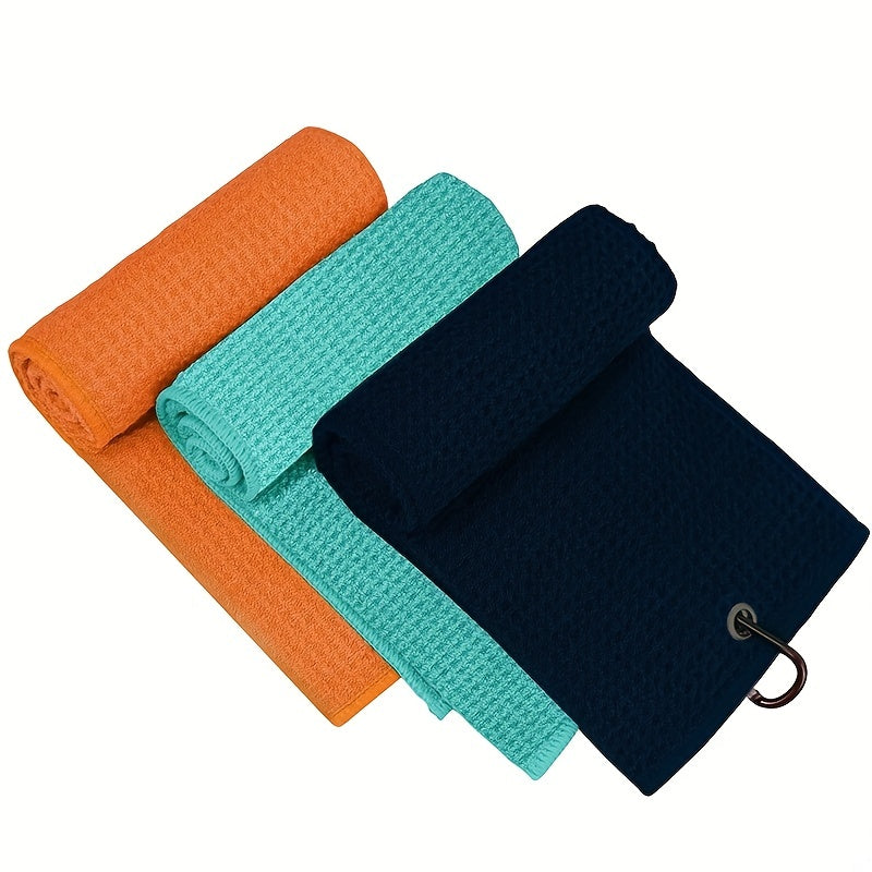 Waffle Pattern Golf Towel with Carabiner Clip - Microfiber Fabric Towel