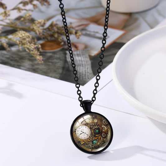 Steampunk Clock Shape Pendant Necklace Animal Pattern Goth Mech