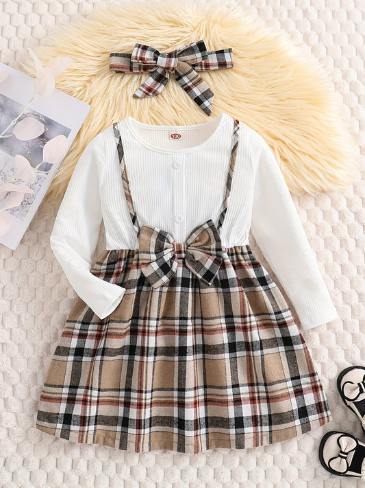 Girls' Preppy Plaid Dress and Headband Set for Party