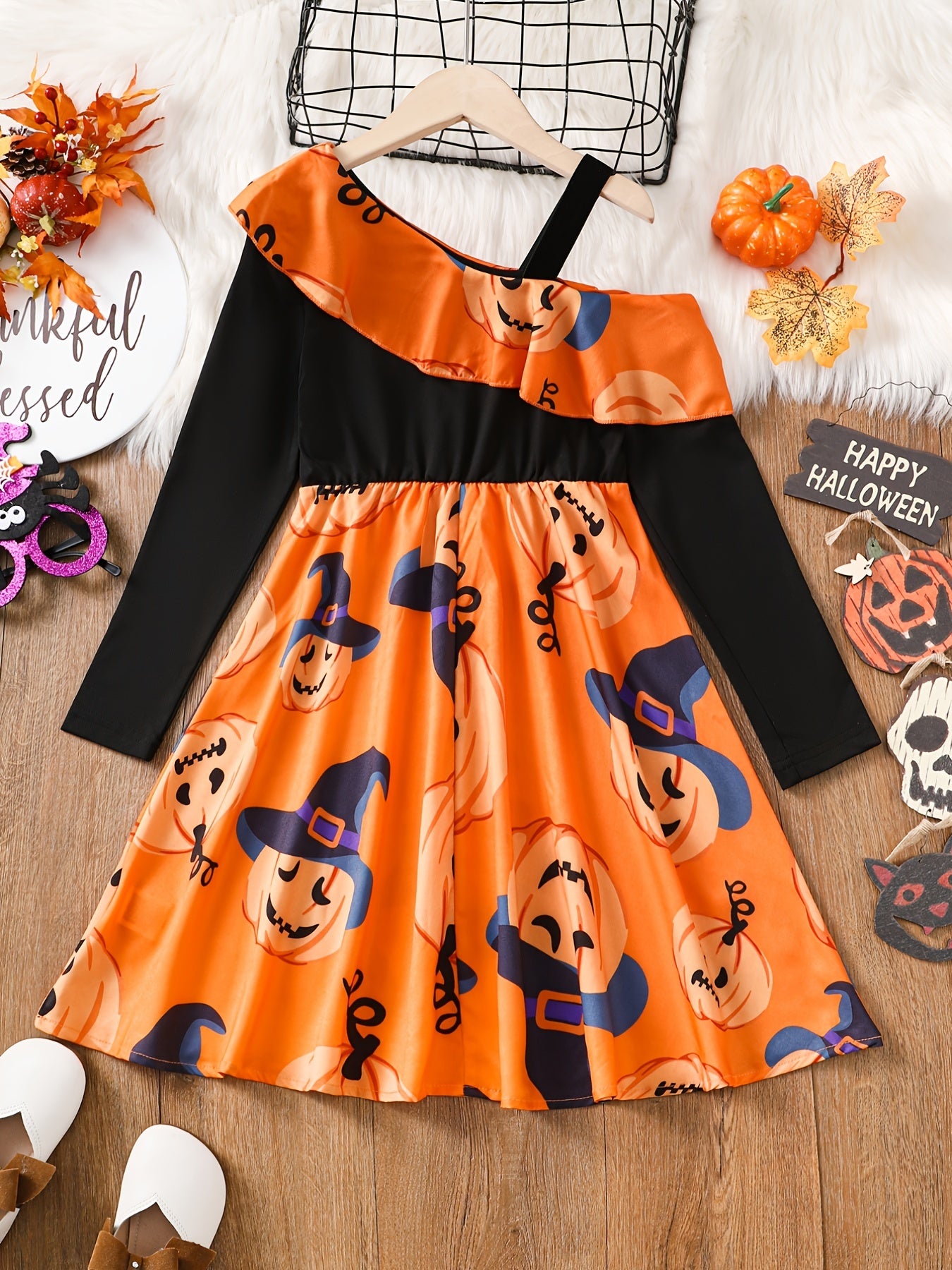 Cartoon Pumpkin Print One Shoulder Halloween Dress