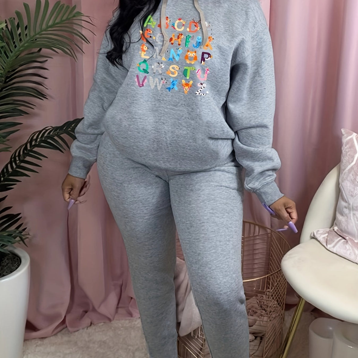  Art Letter Print Hooded Sweatshirt & Sweatpants Two Piece Set