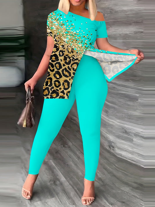  Leopard Print One Shoulder Top & Leggings Set