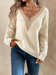 V Neck Guipure Lace Knit Sweater Long Sleeve Casual Top