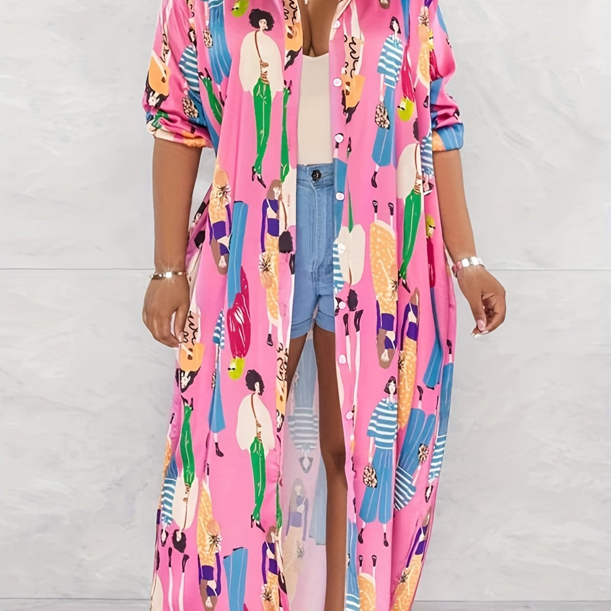  Figure Print Button Up Long Sleeve Shirt Dress