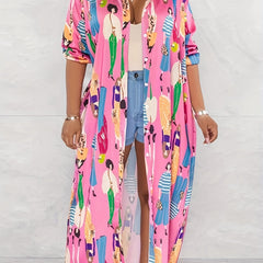  Figure Print Button Up Long Sleeve Shirt Dress