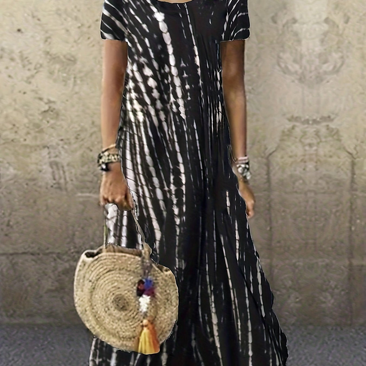 Tie Dye Striped Dress Short Sleeve Ankle Dress