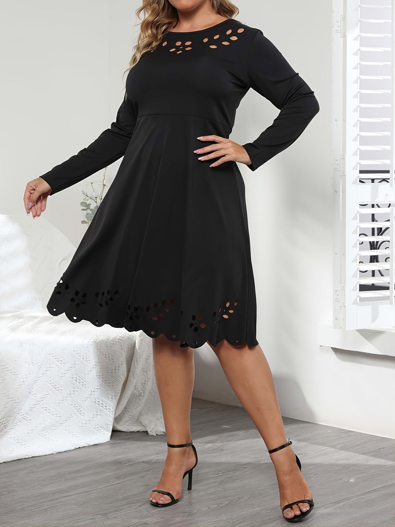 Solid Hollow Out A Line Midi Dress Women's Plus