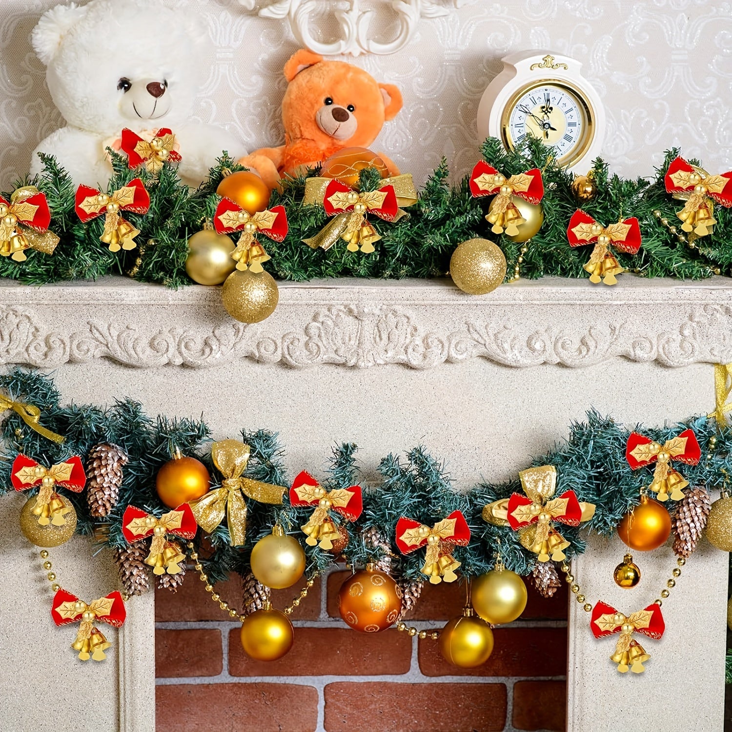10pcs Christmas Bows With Bells Red Golden Ornaments For Christmas Tree