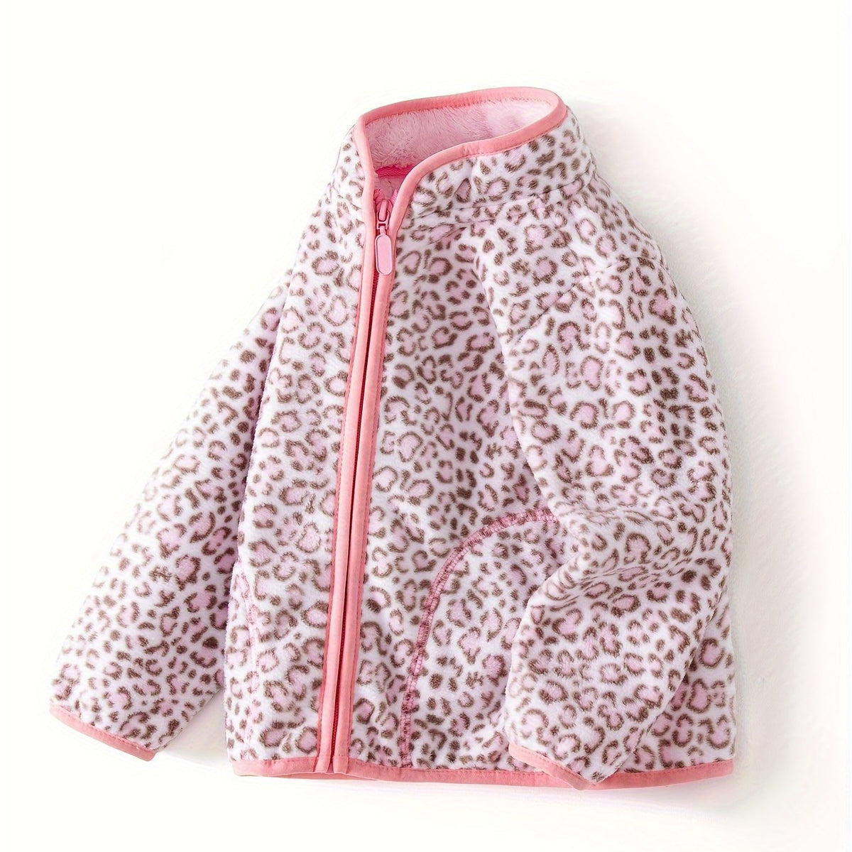 Girls Leopard Print Fleece Jacket, Zip Up Long Sleeve Outerwear
