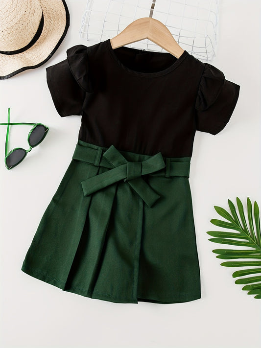 Girls' Short Sleeve Block Belted Dress For Party