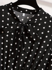 Pin Dot Print Dress Vintage Tie Neck Long Sleeve A Line Dress