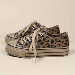 Leopard Print Canvas Platform Shoes Lace Up Low Top Women's Shoes