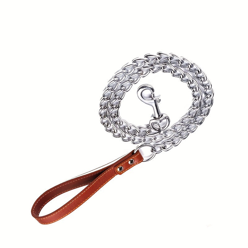Metal Chain Dog Lead with Leather Handle - Training Leash for Indoor Outdoor