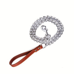 Metal Chain Dog Lead with Leather Handle - Training Leash for Indoor Outdoor