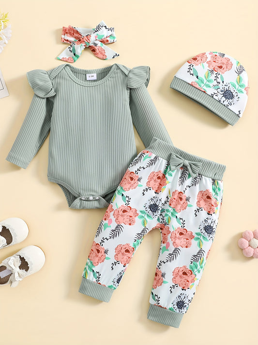 Baby Girls 4pcs Set Long Sleeved Romper Floral Print Trousers