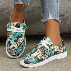 Leopard Pattern Flat Loafers Slip On Low Round Toe Lightweight Canvas Shoes