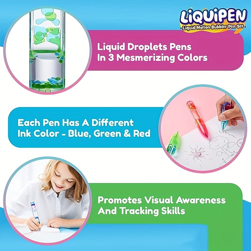 Liquid Motion Bubbler Pens Sensory Toy 3 Pcs Stress Relief CoolToys