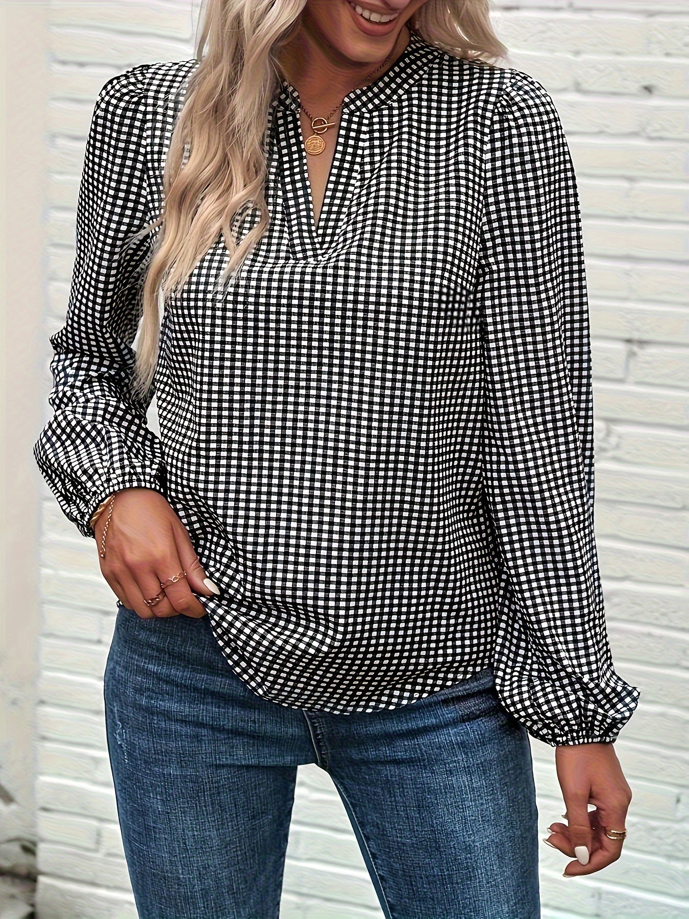  Plaid Print Lantern Sleeve V Neck Shirt Top