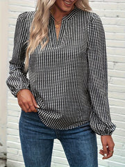  Plaid Print Lantern Sleeve V Neck Shirt Top