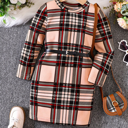 Girls' Classic Plaid Bodycon Dress With Belt Slim Fit