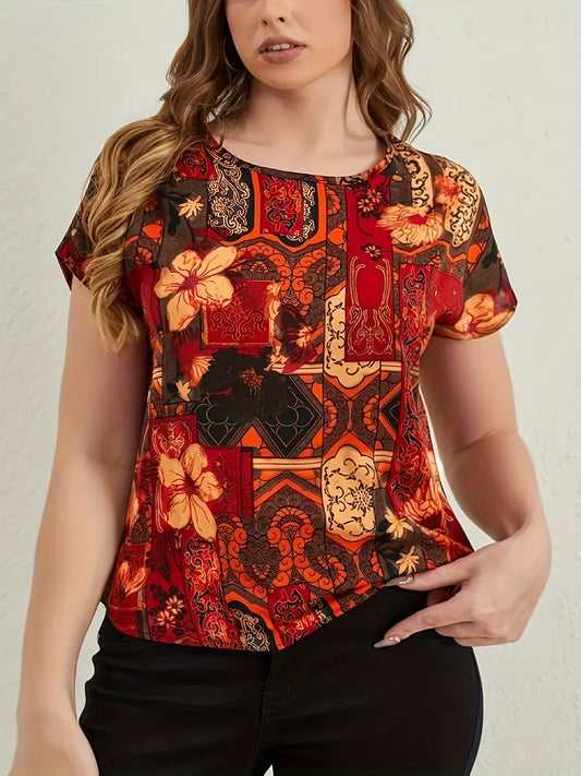  Boho Blouse Women's Plus Floral Print Short Sleeve Round Neck T